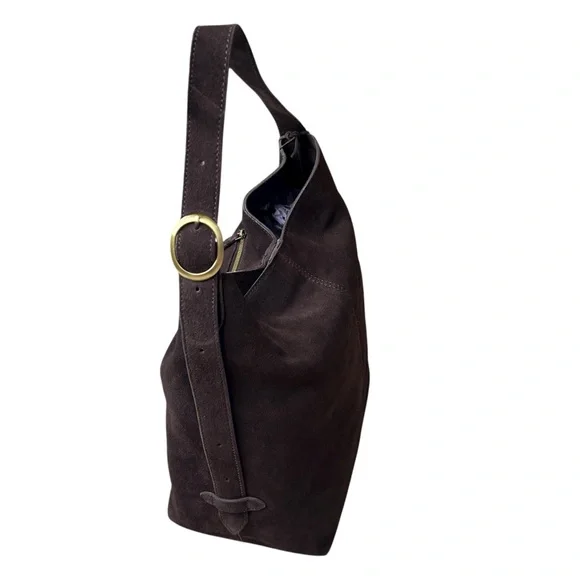 Chocolate Brown 100% Genuine Suede Leather Slouchy Hobo Bag Gold Buckle Strap - Picture 4 of 16